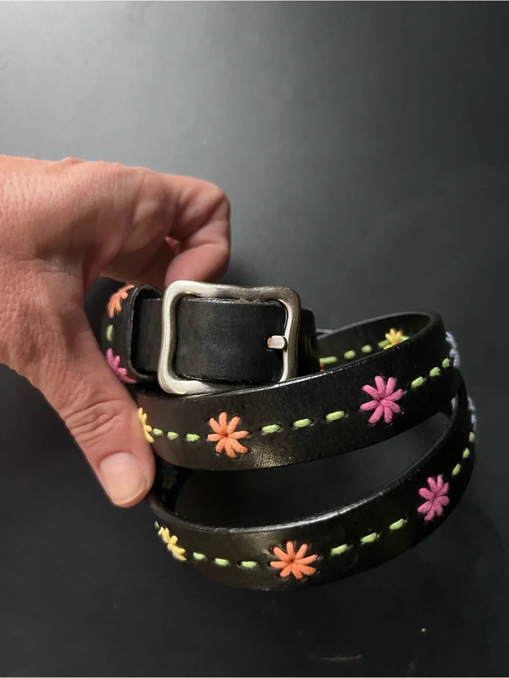 Black Leather Belt with Multicolor Floral Embroidery